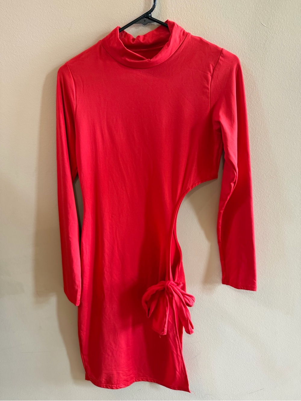 Red Long-Sleeve Cutout Tie-Waist Dress